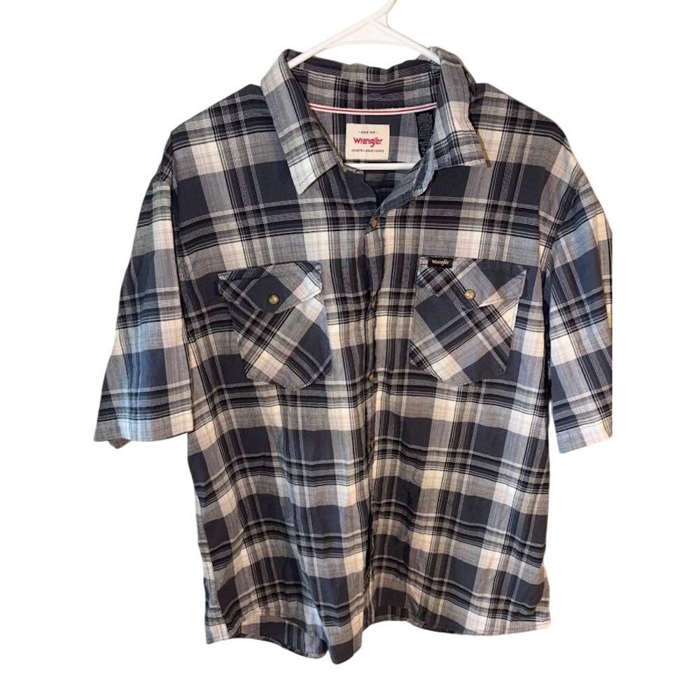 Wrangler Mens XL Grey White Plaid Short Sleeve Button Down Shirt Stretch P0519